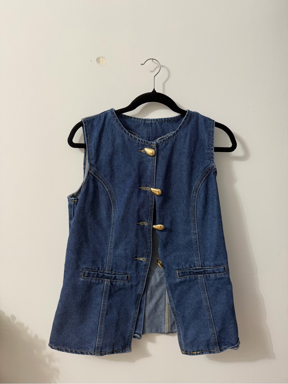 SHEIN Dark Blue Denim Sleeveless Vest with Gold Buttons